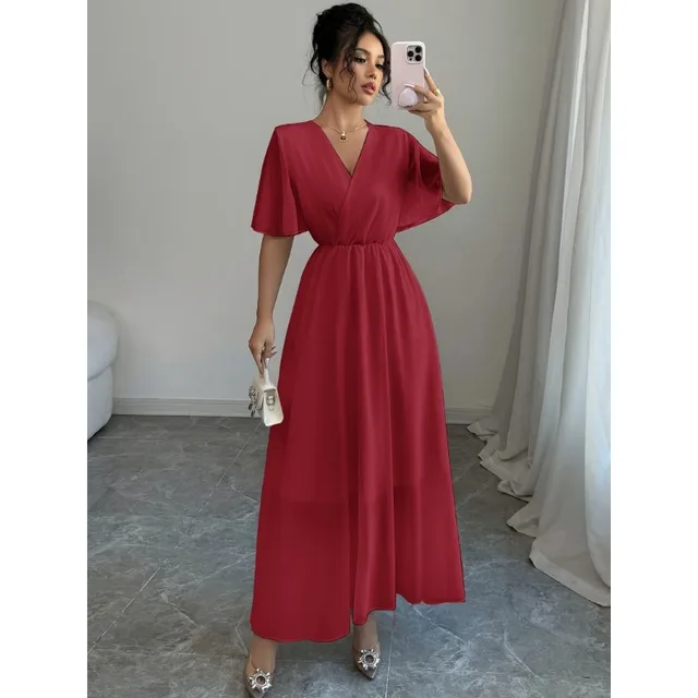 Plus Size Womens Summer Flowy Chiffon Midi Dress Casual V Neck Short Sleeve High Waist Boho Beach Dress Wedding Guest Maxi Dress 6