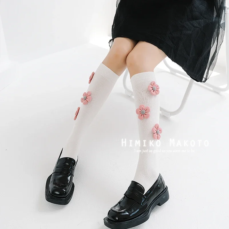 Big Bow Cotton Calf Socks Flower Sequins Black White Knee Length Socks Korean Thigh High Long Socks Students JK Lolita Stocking