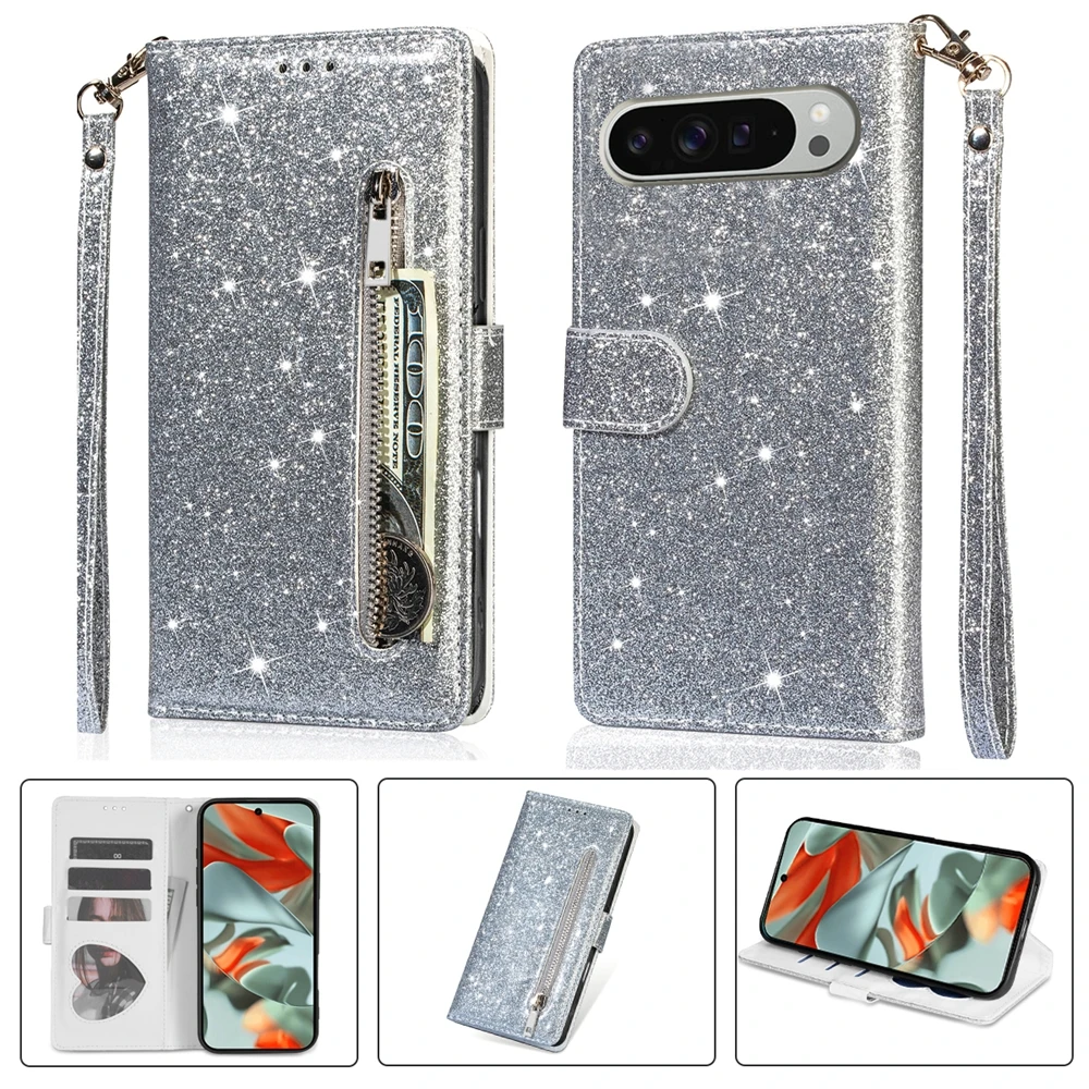 Glitter Wrist Strap Leather Flip Kickstand Wallet Phone Case with Card Holder