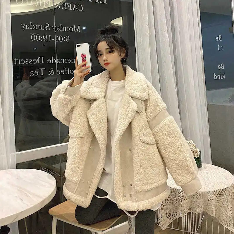 

QWEEK Kawaii Jackets Oversized Harajuku Cropped Faux Lamb Fleece Korean Preppy Style Coats Women's Winter Jackets 2022 Outerwear