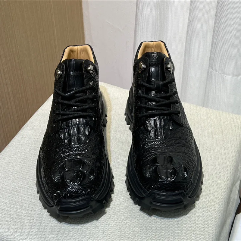 

Authentic Exotic Crocodile Skin Solid Black Men's Casual Sneakers Genuine Real Alligator Leather Male Soft Lace-up Mid-top shoes