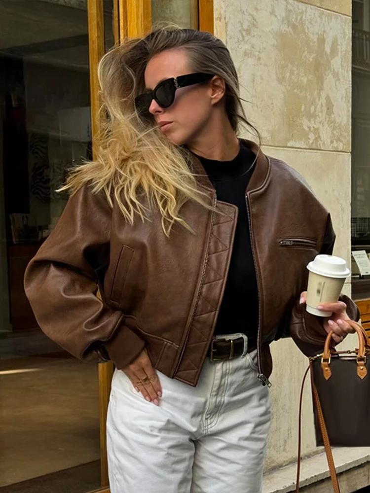 Vintage Imitation Leather Bomber Jacket Women O-neck Zipper Pockets Loose Short Coat 2024 Autumn Lady High Street Outwear 2
