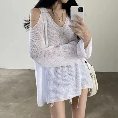 

Spring Summer Hollow Out Japan Style Thin Loose Oversized Pullovers Women Chic Casual Long Sleeve Knit Long Top Dropshipping
