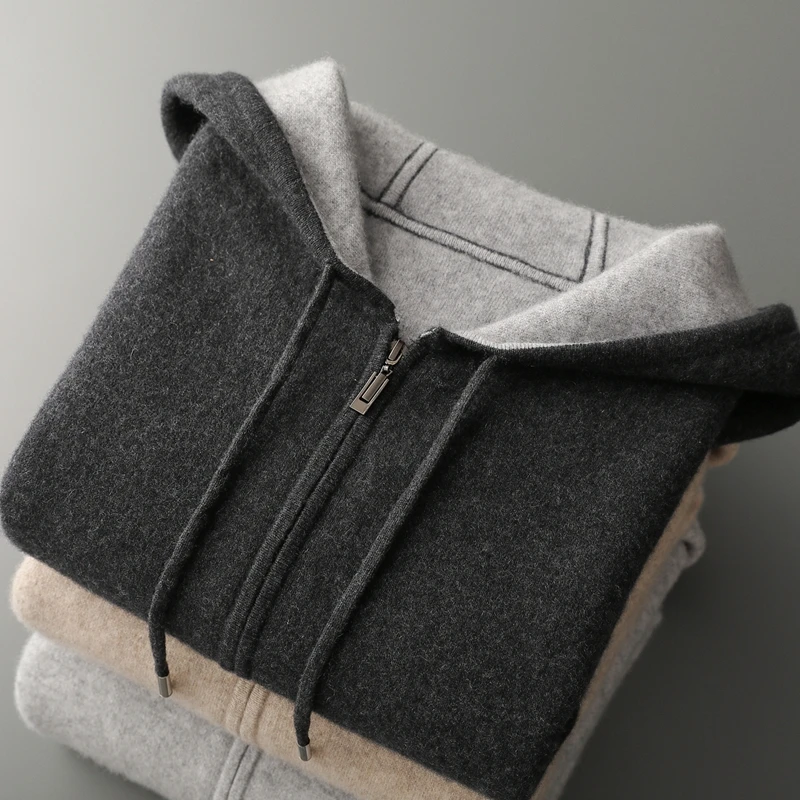 Comfortable and lazy new 100% Merino wool men's hooded sweater loose and thick zipper casual cardigan coat for autumn and winter 5