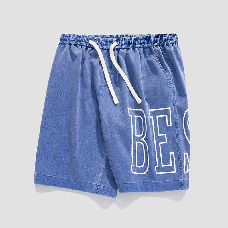 Men's Summer Shorts Casual Drawstring Elastic Waist Printing Straight Retro Pure Wash Sports Shorts Harajuku Wide Leg Pants