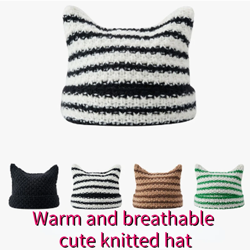 

New Woolen Streetwear Harajuku Beanie Little Devil Striped Knitted Hat Women Girls Autumn Winter Cap Couple Versatile Pointy