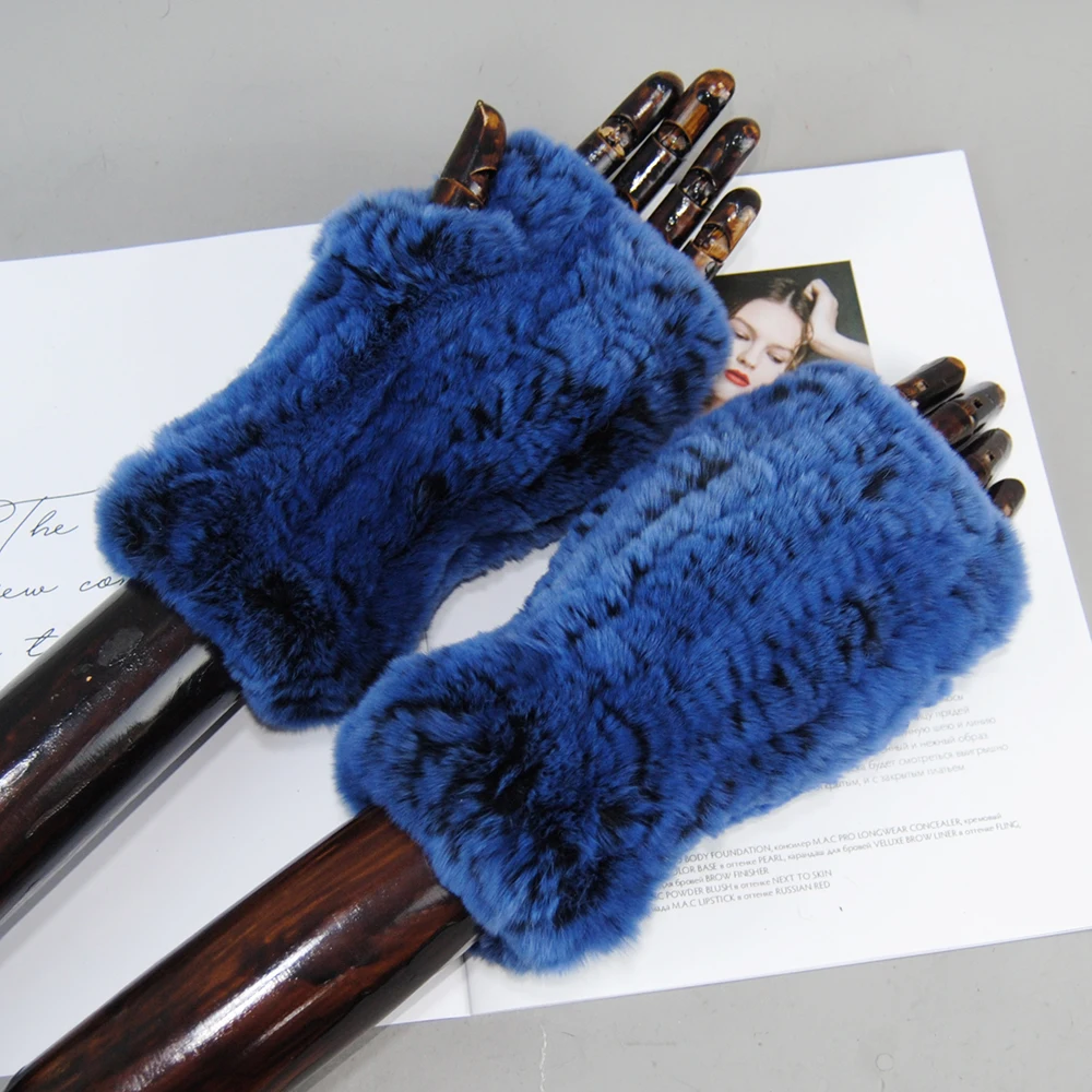 New Lady Real Fur Fingerless Gloves Handmade Knit Fur Mitten Winter Warm Women 100% Real Genuine Knitted Rex Rabbit Mittens