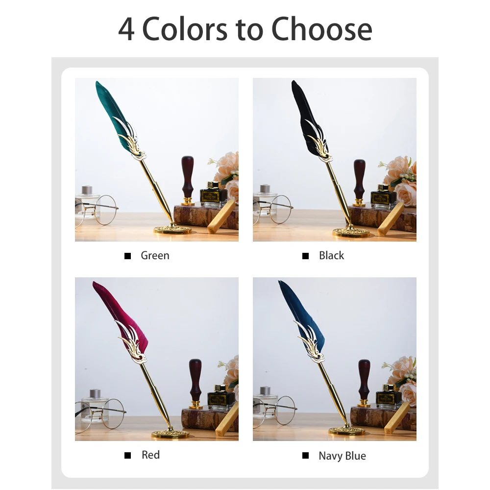 New Retro Feather Dip Ink Pen Set Vintage Calligraphy Writing Signature PU Leather Notebook&2 Nibs & Wax  Seal