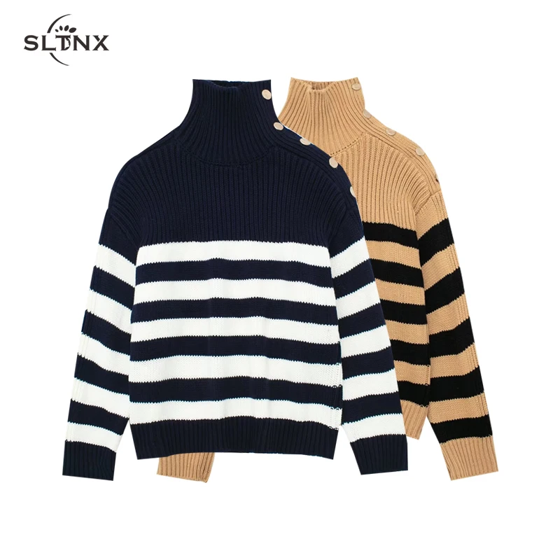 

SLTNX 2023 Fashion Striped Women's Sweater Female Turtleneck Button Design Winter Pullover Sweaters Ladies Loose Knitwears
