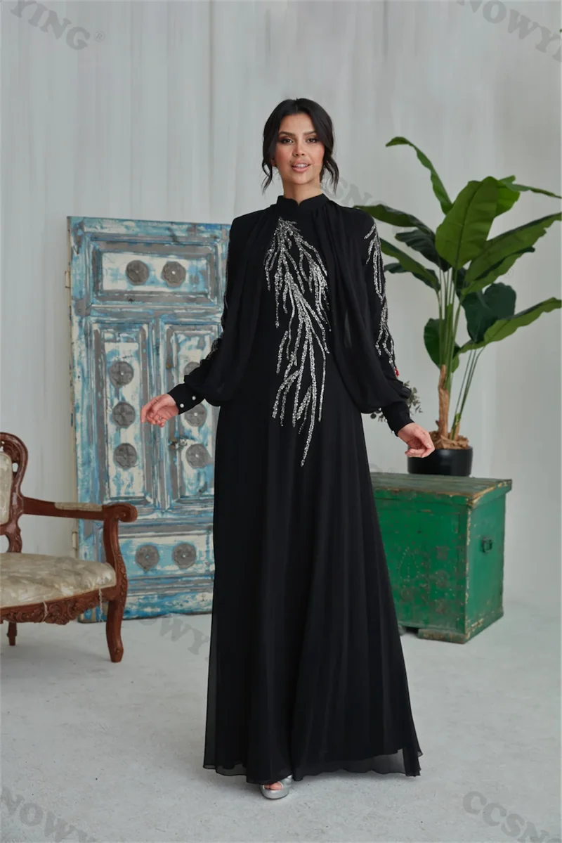 

Appliques Beaded Muslim Evening Dresses Chiffon Long Sleeve Islamic Formal Party Gowns High Neck Women Arabic Robes De Soirée