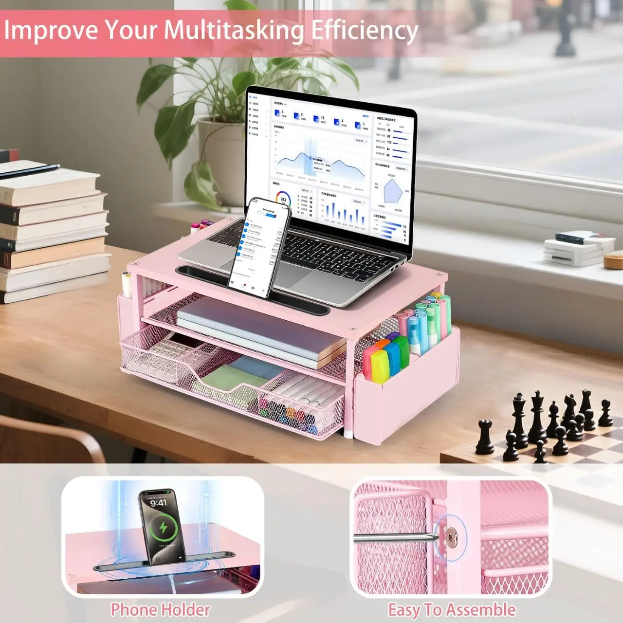 Pink Wood Monitor Stand with Drawer 3