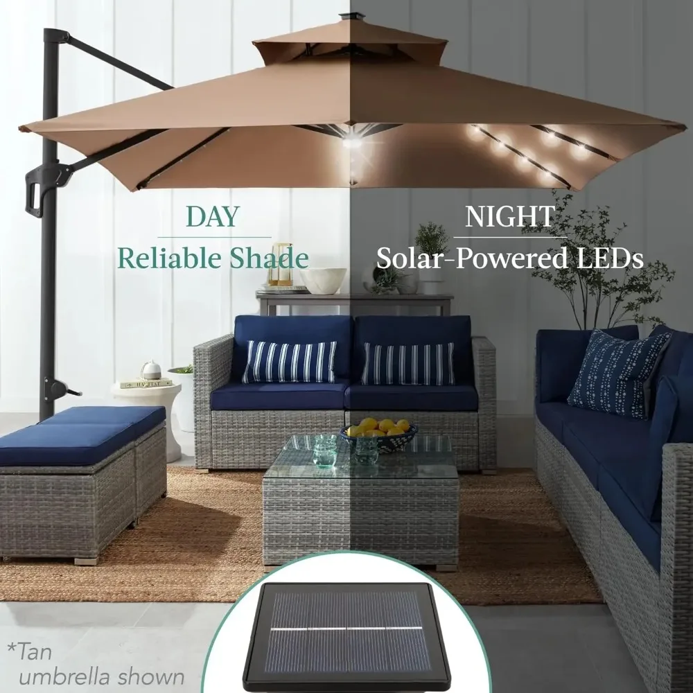 10x10ft 2-Tier Square Cantilever Patio Umbrella with Solar LED Lights, Offset Hanging Outdoor Sun Shade 3