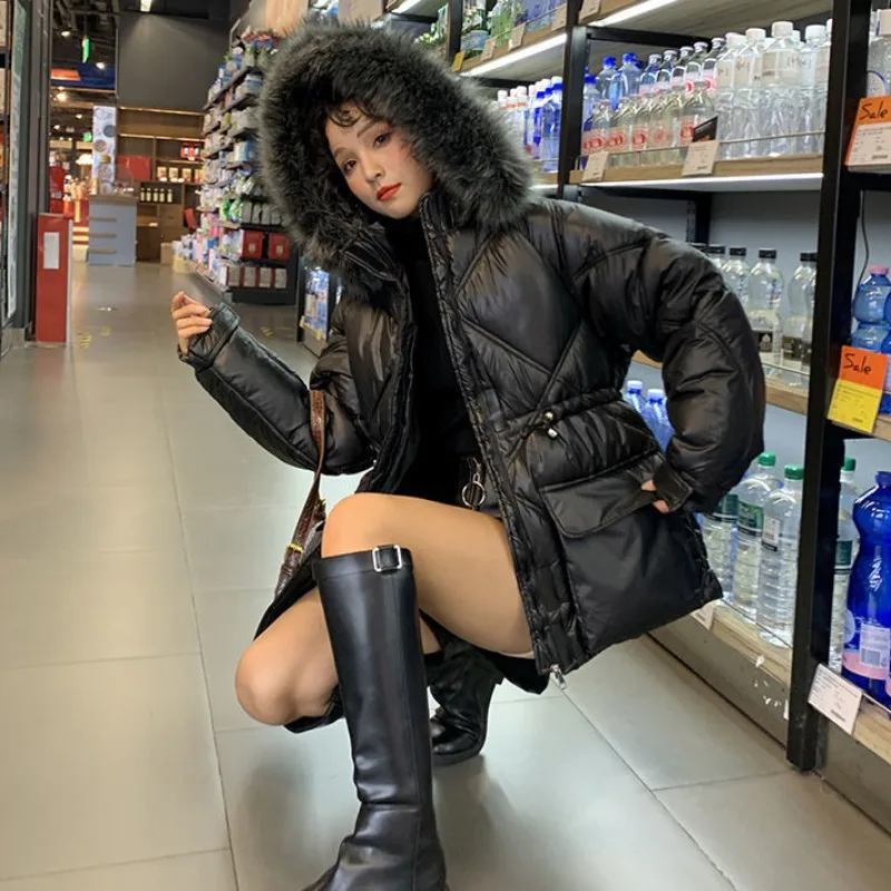 Large artificial raccoon fur collar hooded winter down jacket Women's duck down insulation Women's genuine leather long snowcoat
