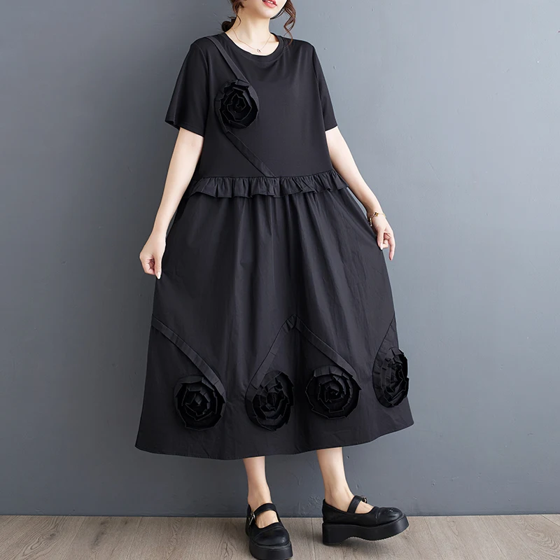 

Japanese Style Patchwork Floral Edible Tree Fungus Dark Black Chic Summer Ruffle Dress Street Fashion Women Casual Midi Dress