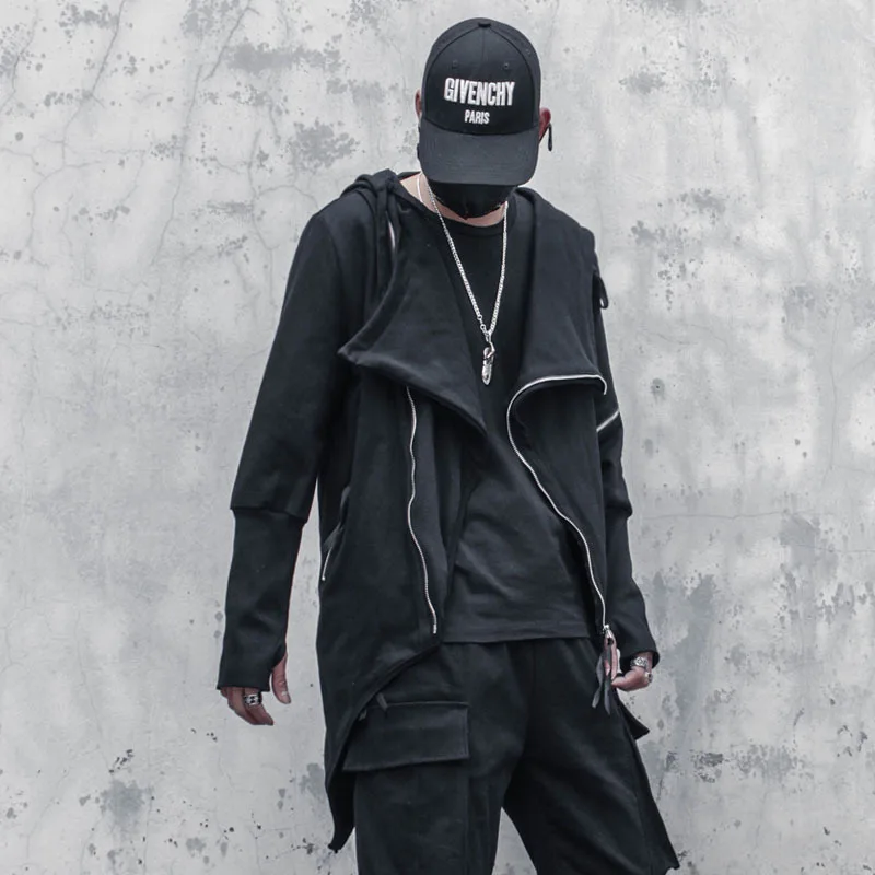 

Free Shipping New Casual Spring Mid-length Asymmetrical Design Gothic Trench Coat Men's High street Hooded Oblique Zipper Cloak