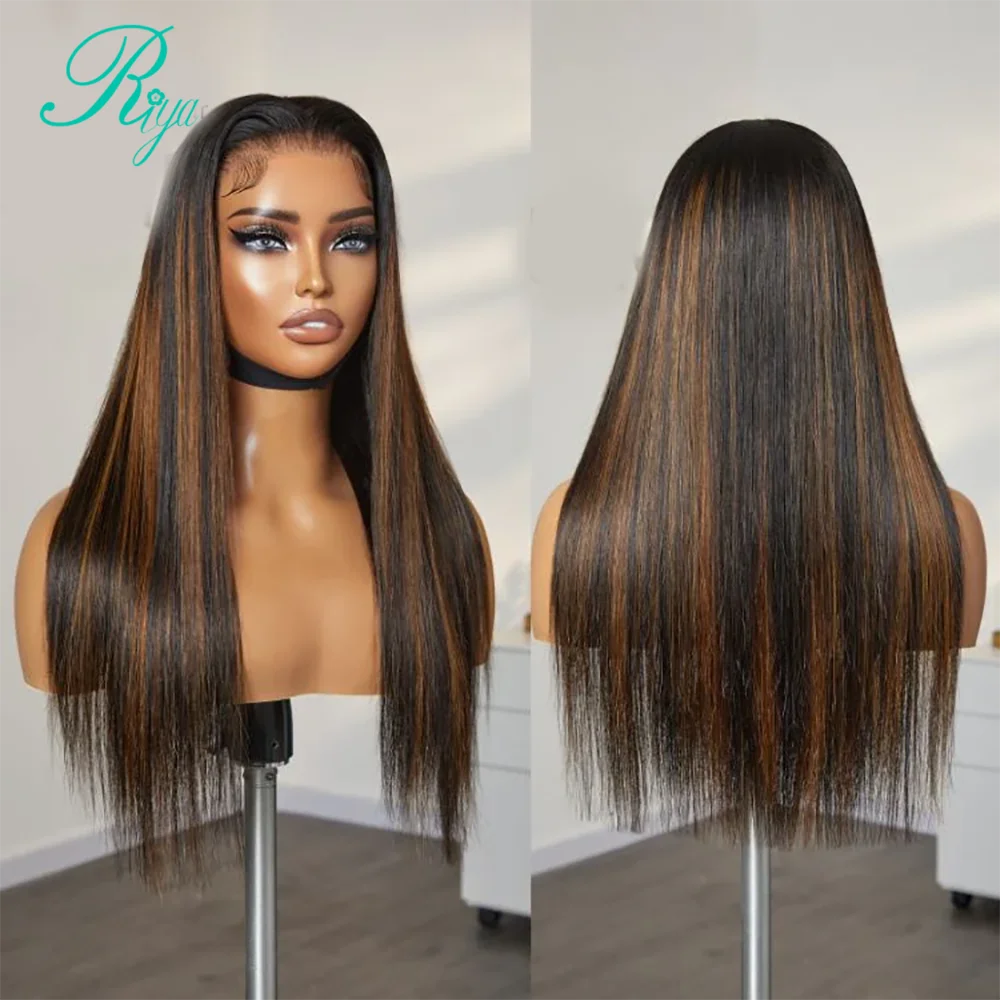 34 Inch Silk Straight Wig Per Cut Lace 4x4/7x5 Glueless Wig Highlight Brown Human Hair Hidden Strap 360 Glueless For Women