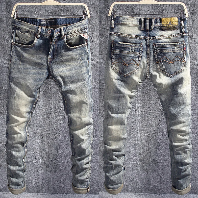 Italian Style Fashion Men Jeans Retro Wash Slim Fit Stretch Ripped Jeans Men Trousers Vintage Designer Casual Denim Pants Hombre