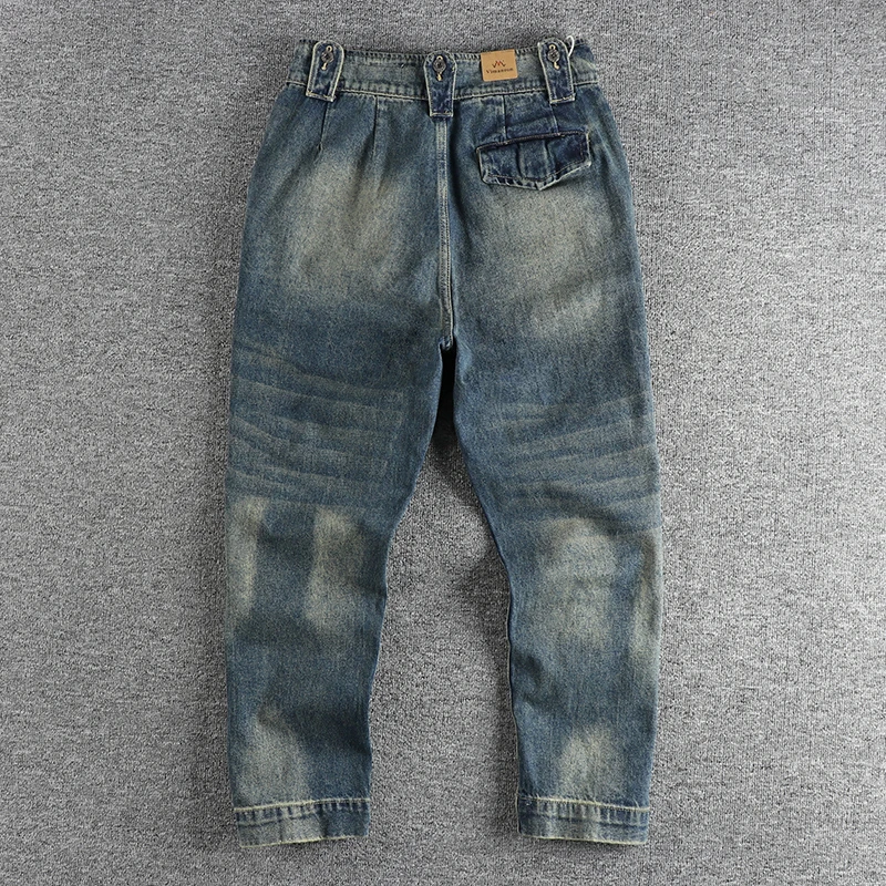 Vintage-inspired Blue Washed Cargo Jeans for Men with Wide Legs