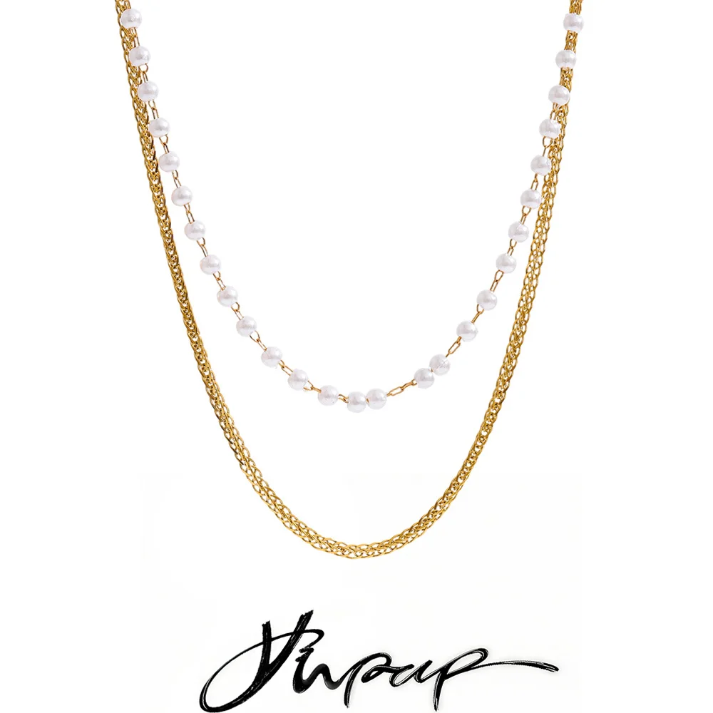 Yhpup Simulated Pearls Double-Layer Chain Overlay Necklace Stainless Steel