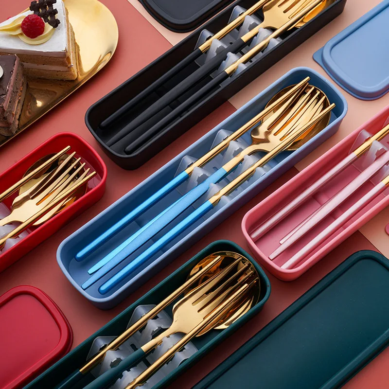 

3Pc Stainless Steel Portable Cutlery Travel Camping Cutlery With Box Holder Dinnerware kitchen Cutlery set Steel Chopsticks