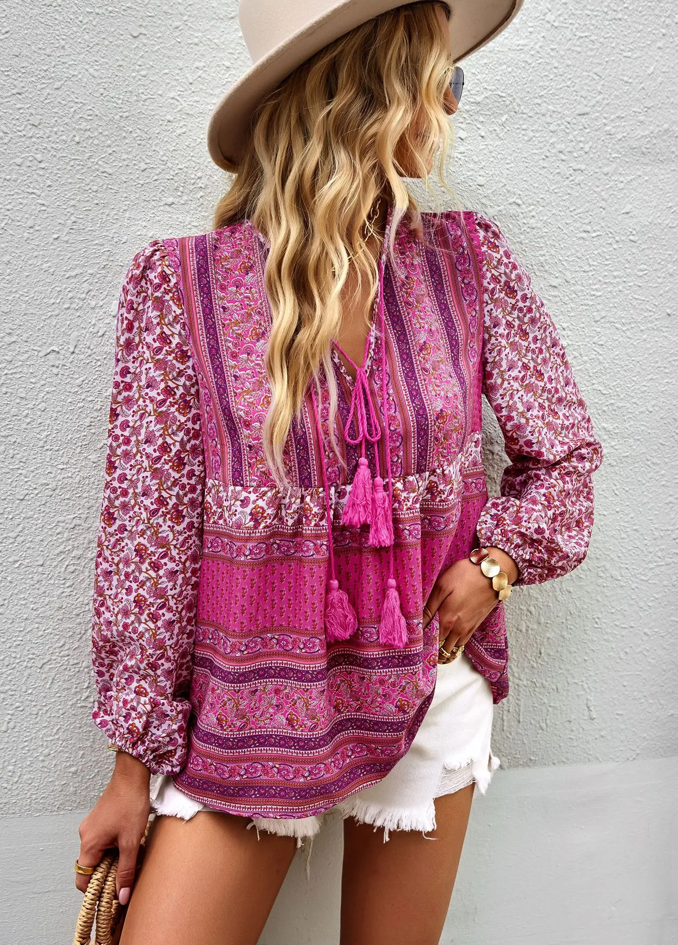 Boho Inspired pink floral print blouse women V-neck tassel