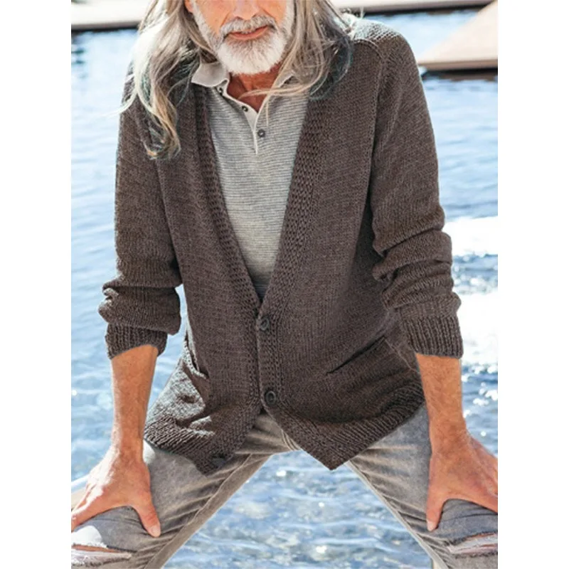 

Men Casual Knit Sweater Jackets Vintage V Neck Sweater Mens Cardigan Knitted Long Sleeve Button-up Solid Sweatercoat Fall Winter