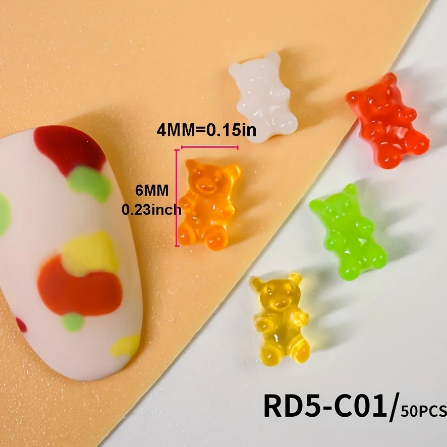 50pcs 캔디 컬러 귀여운 카와이 수지 곰 네일 매력 다채로운 플랫 백 3D 손톱 부품 DIY 라인 석 매니큐어 액세서리