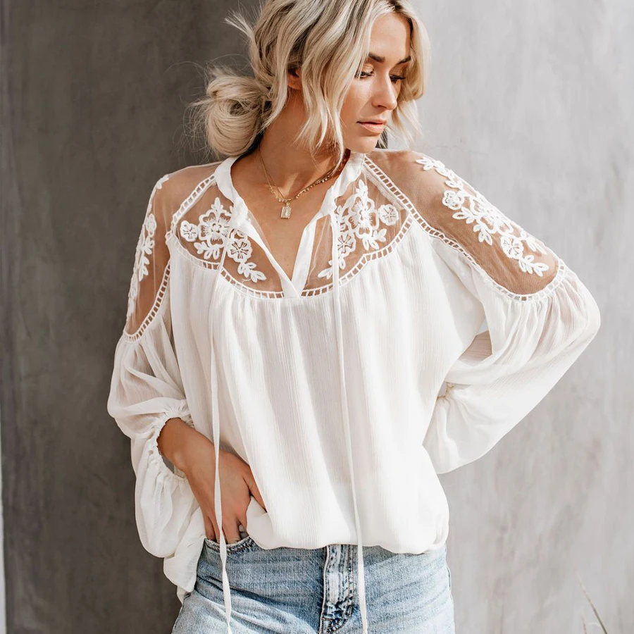 

TEELYNN Lantern Long Sleeve Lace Blouse Shirt Women 2022 Vintage Floral Chiffon Sexy See Through Blouses Boho Beach V Neck Blusa