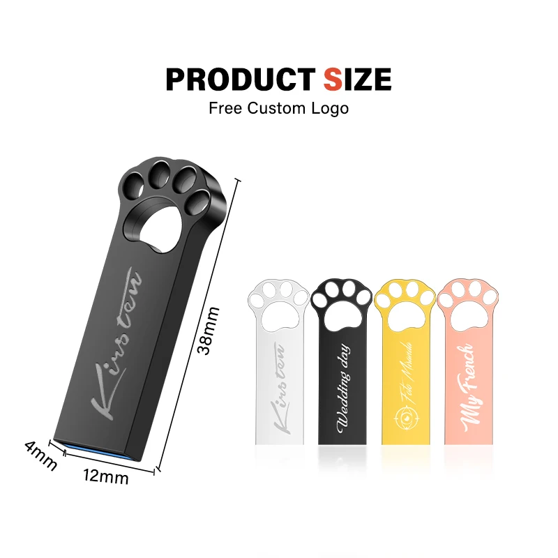 검은 고양이 발 USB 플래시 드라이브, 무료 사용자 정의 로고 메모리 스틱, 금 금속 펜 드라이브, 128GB, 64GB, 32GB, 무료 키 체인 U 디스크, 16GB