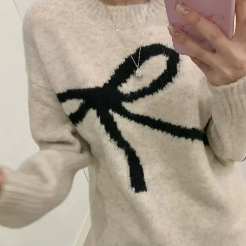 Autumn Women O-neck Long Sleeve Pullover Sweater Bow Pattern Loose Elegant Knitted Top Fashion Winter Casual Knitwear