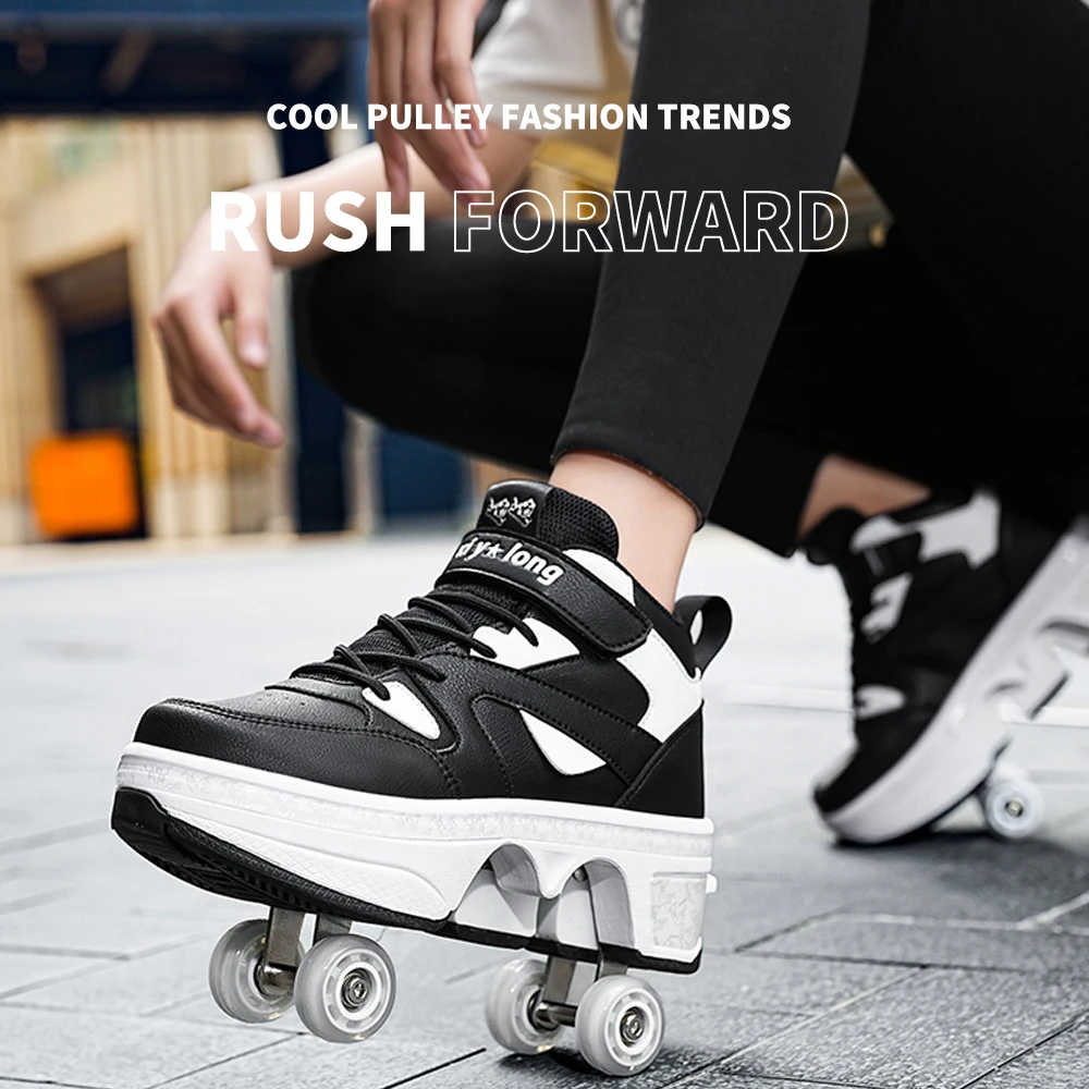 Unisex Dual-Purpose Pop-Up Sneakers with Wheels High Top 4-Wheel Speed Roller Casual Skating Shoes for Women