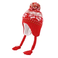 Multi Stripe Snowflake Knit Pom Handmade Winter Warm Beanie Kids Chullo Xmas Fleece Lined Ski Trapper Hat Toque with Ear Flaps 2