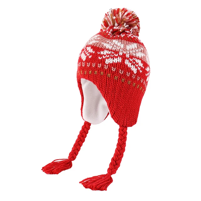 Multi Stripe Snowflake Knit Pom Handmade Winter Warm Beanie Kids Chullo Xmas Fleece Lined Ski Trapper Hat Toque with Ear Flaps 2