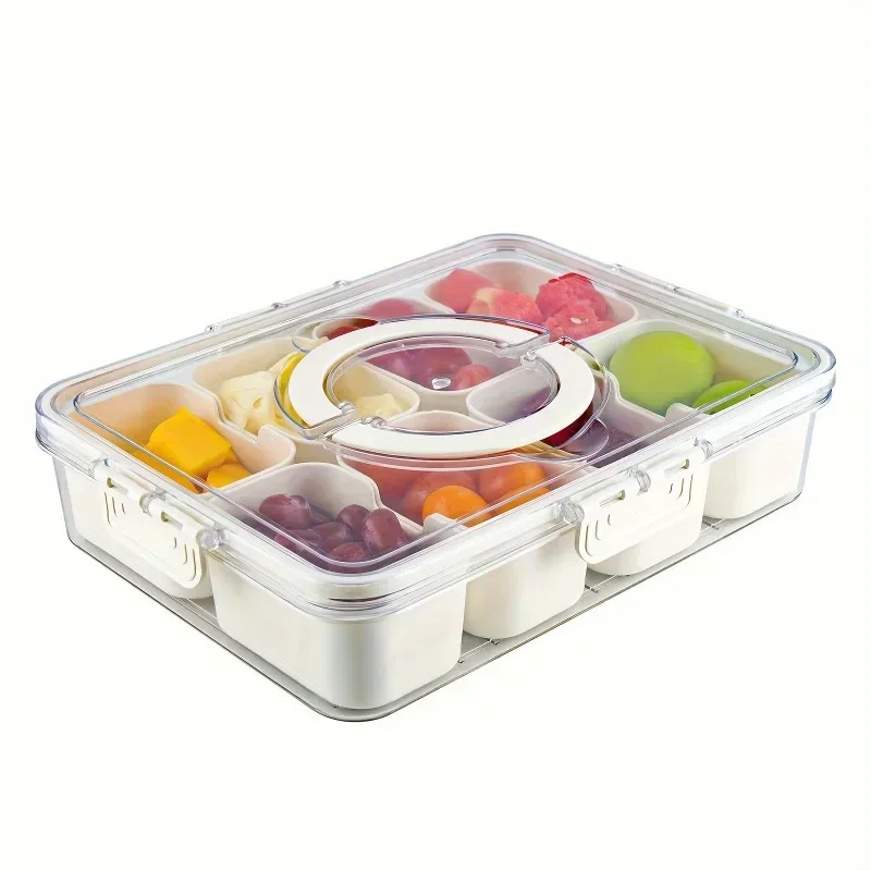 1pc Divided tray handle -8-compartment fruit container lid detachable snack box wooden serving tray plastic serving tray stainless steel food containers