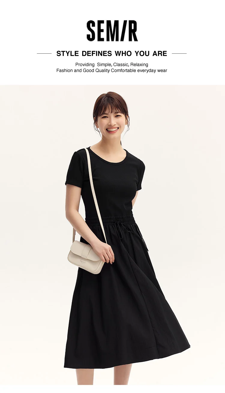 Dress Women Slim-Fit Waist-Cinching Dress Summer New Fake Two-Piece Round Neck Midi Versatile Dress
