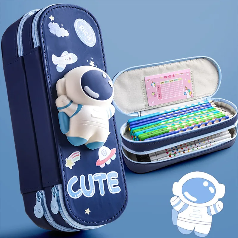 

3D Cute Cartoon Character Double Layer Large Capacity Pencil Case Cute Decompression Astronaut Stationery Pouch Storage Pen Bag