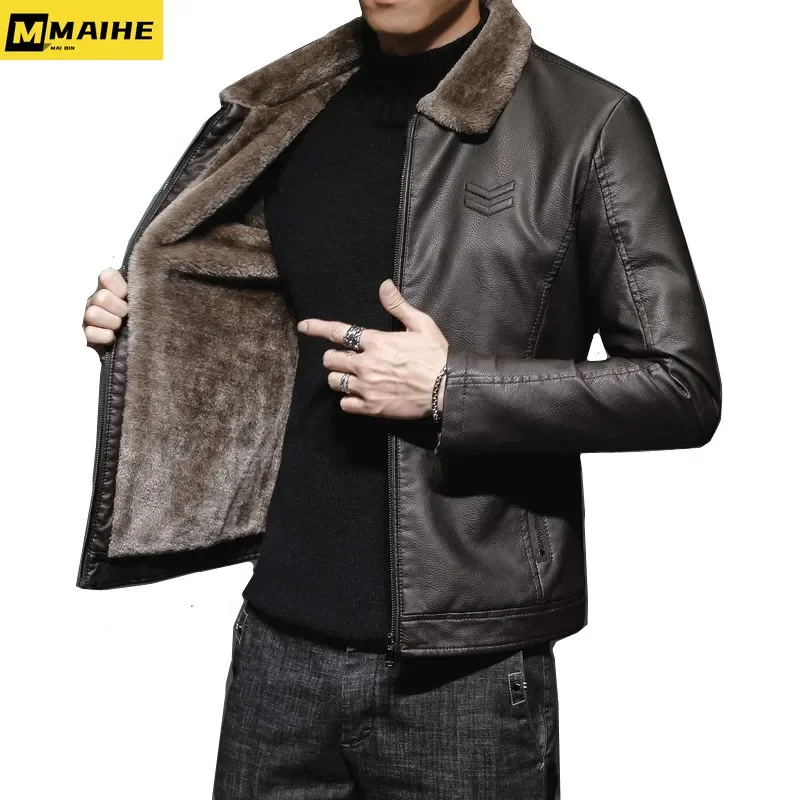 Brand Leather Jacket Men's Winter Motorcycle Clothes Leanther Jacket Men's Thickened Fur Collar Windproof Pu Leather Coat Male