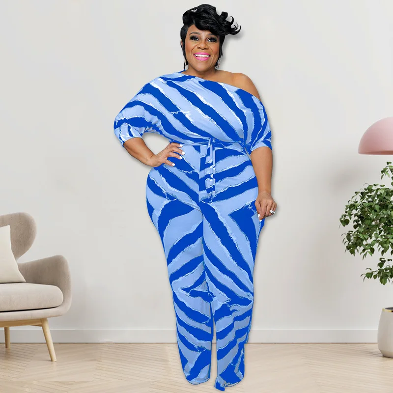 

WUHE Stripe Print Sexy Off Shoulder High Waist Wide Leg Jumpsuit 2022 Elegant Half Sleeve Chic Plus Size Women Overalls Playsuit