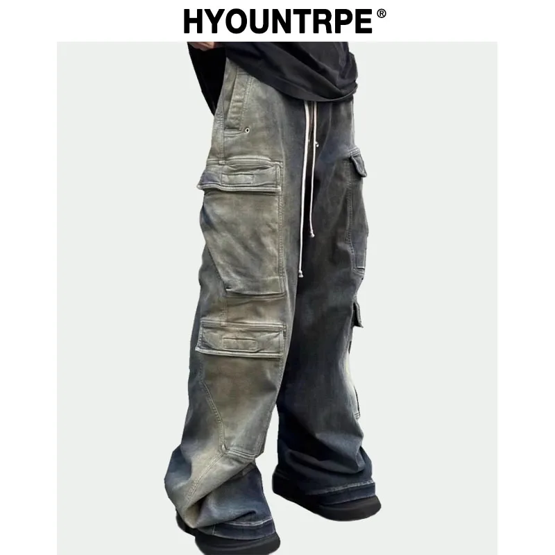 

Fashion Denim Baggy Cargo Jean Pants Men Hip Hop Elastic Waist Wide Legs Retro Washed Jeans Side Pocket Streetwear Jeans Joggers