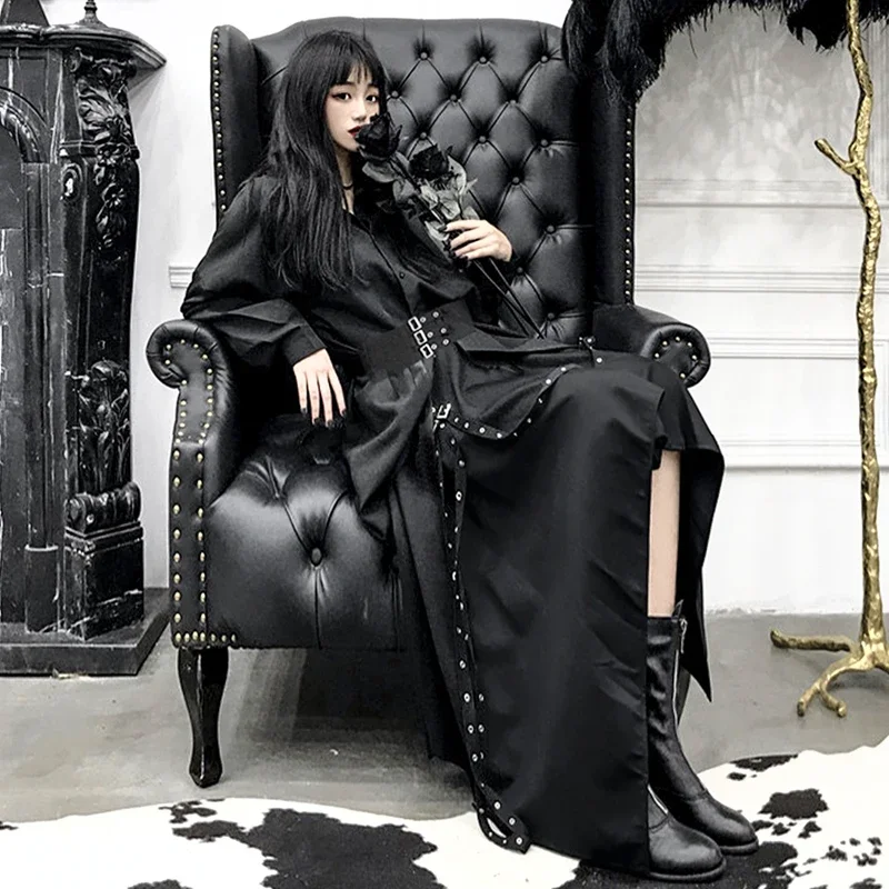 Boho Retro Long Sleeve Blouse and Ribbons Irregular Yamamoto Skirt Set Gothic Punk Black Women's Set Outfit 2020 plus size gothic punk halloween unisex gloves women fingerless hip pop jazz disco sport mitten cool men hollow out rock arm sleeve gloves