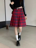 Large Size L-4XL Retro Red Plaid Fashion Versatile Pleated Skirt Girl Spring Summer College Jk High Waist A-line Long Skirts - Image 2