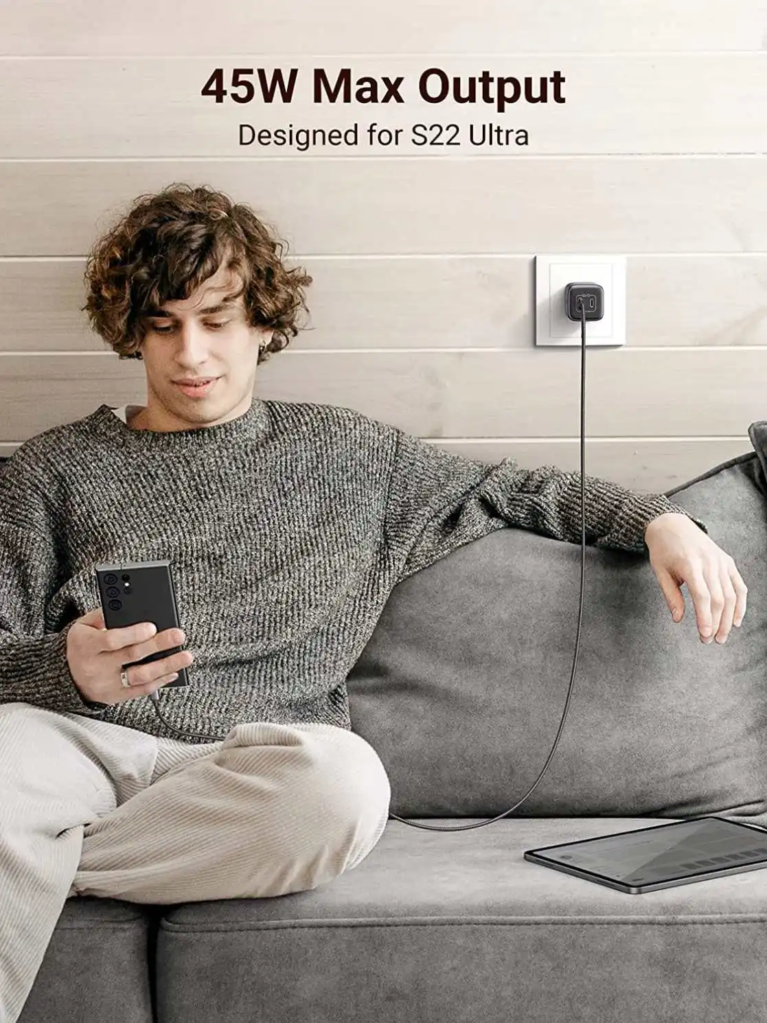유그린 45W USB C GaN 벽면 충전기 PD 45W 듀얼 포트 고속 충전기 휴대용 충전 어댑터