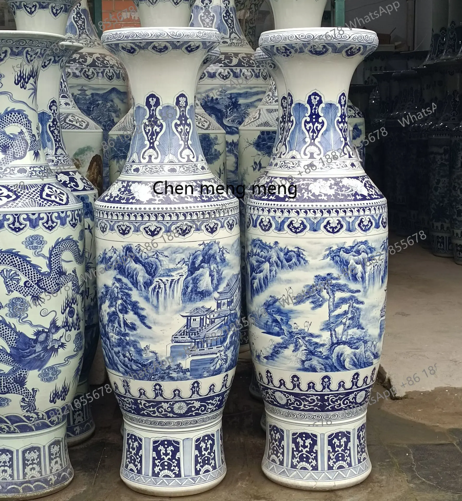 Ceramic floor standing large vase hand-painted blue and white landscape antique gold bell vase ornament - Image 6