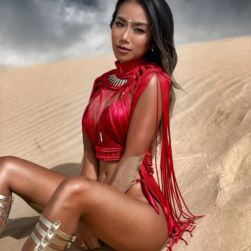 Creative Handmade Cotton Rope Woven Retro Bohemian Style Elegant Temperament Tassel Long Skirt Beach Swimming Suit
