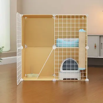 Gabbia per gatti, Villa per gatti, Gabbia gialla, Gabbia per animali color legno naturale, Assemblaggio gratuito, Multi-gatto, Salvaspazio, Gabbia in rete di ferro a tre strati, Armadietto per gatti domestico