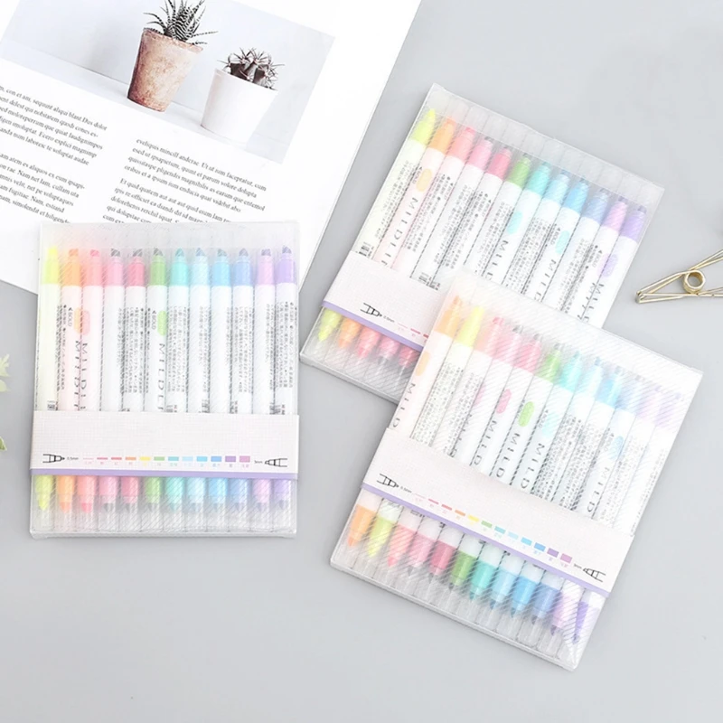 12Pcs Colorful Candy Color Double-end Highlighters Markers Fluorescent Milkliner Stationery Gift