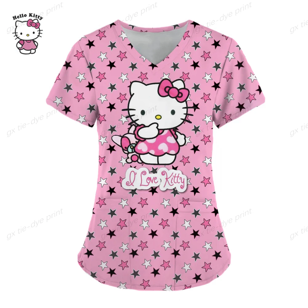 thumbnail image 1 of Camisetas de verano con bolsillos para mujer, uniforme de enfermera, Hello Kitty, cuello en V, ropa para mujer, camiseta de Hospital, camisetas para mujer 2023, 1 of 5