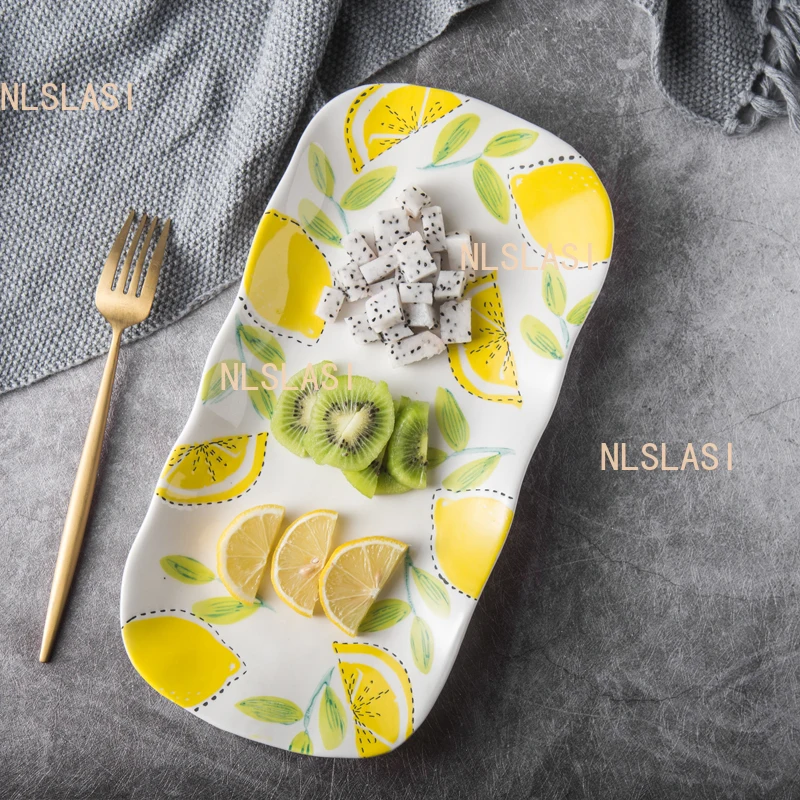 1pcs Ceramic Western Cuisine Plate Household Round Flat Plate Vegetable Dish Creative Lemon Tableware Underglaze Colour