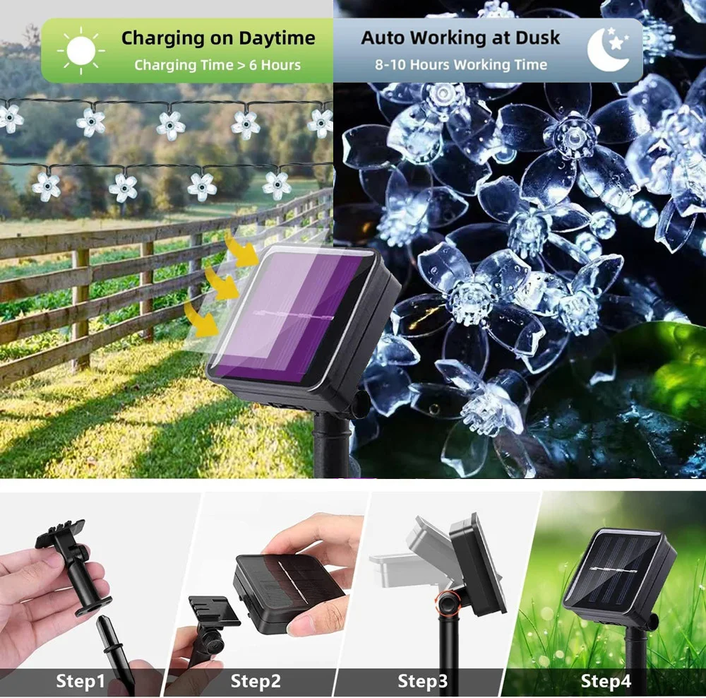 Solar LED Cherry Blossom String Lights with 8 Lighting Modes for Outdoor Garden and Christmas Decor