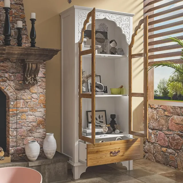Modern 3-Tier Storage Cabinet Bookshelf with Carved Doors,Multi-Purpose Storage Cabinet with Drawer & Shelves, Versatile Storage